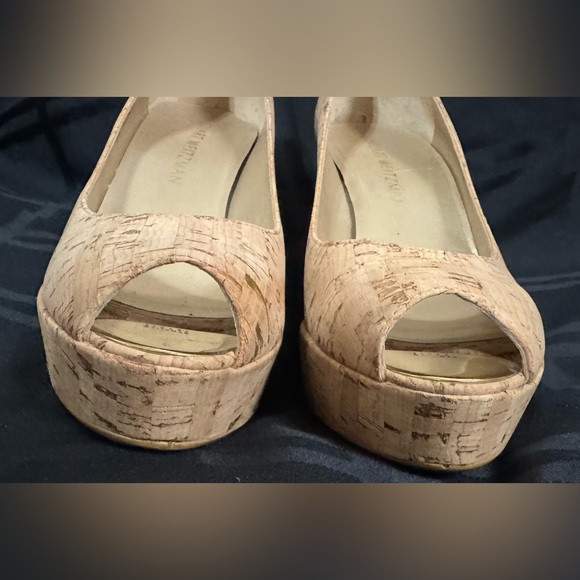 Stuart Weitzman Tan Anna Cork Wedge Platform Peep Toe Pumps Size 8.5 M - Picture 7 of 14
